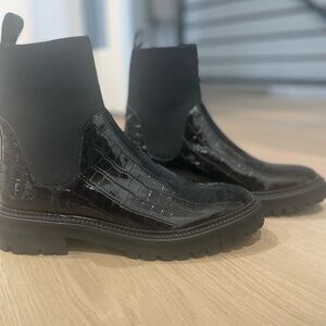 Loeffler Randall Black Croc-Embossed Chelsea Ankle Boots